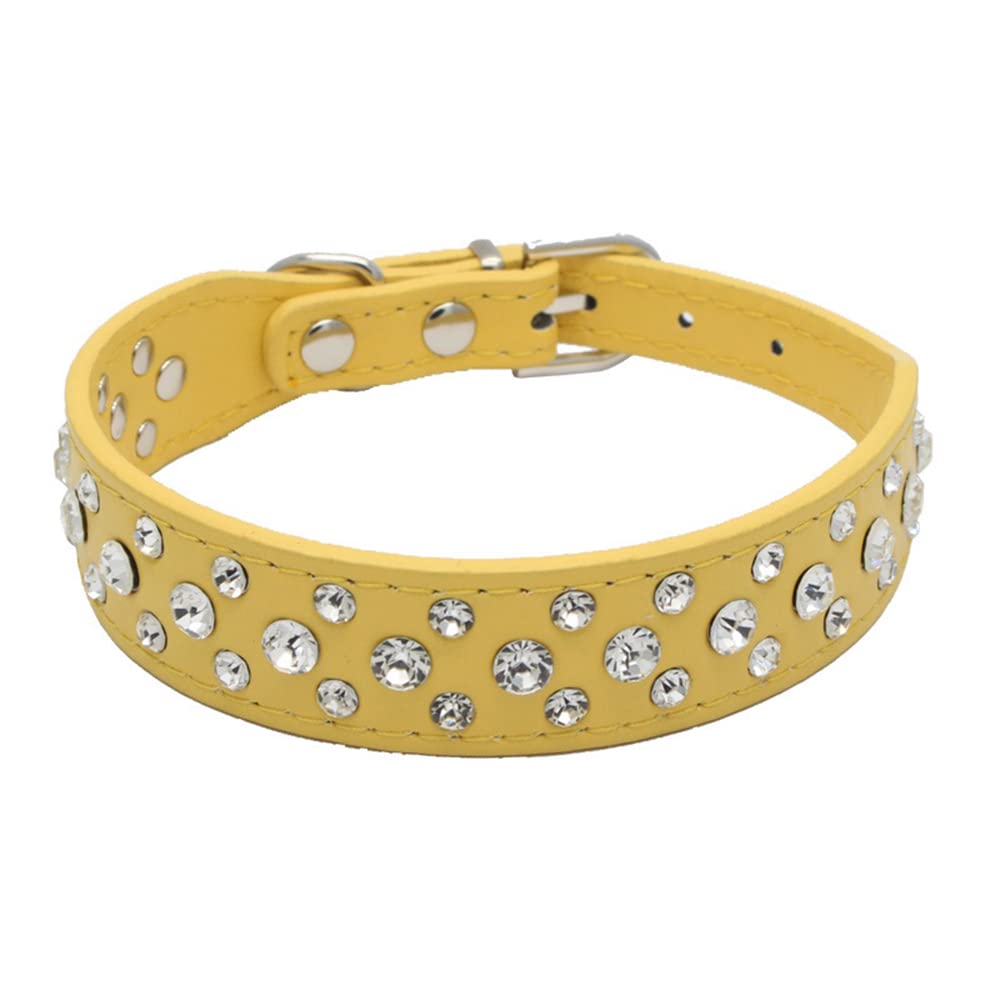 Haoyueer Bling Rhinestone Pu Leather Crystal Diamond Pet Dog Cat Puppy Collar Black S M L Xl (Xl, Yellow)