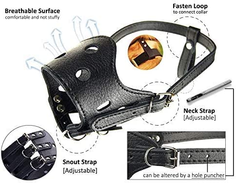 Dog Muzzle Leather, Comfort Secure Anti-Barking Muzzles For Small Medium Large Dogs, Breathable And Adjustable, Allows Drinking And Panting, Used With Collars (Black)