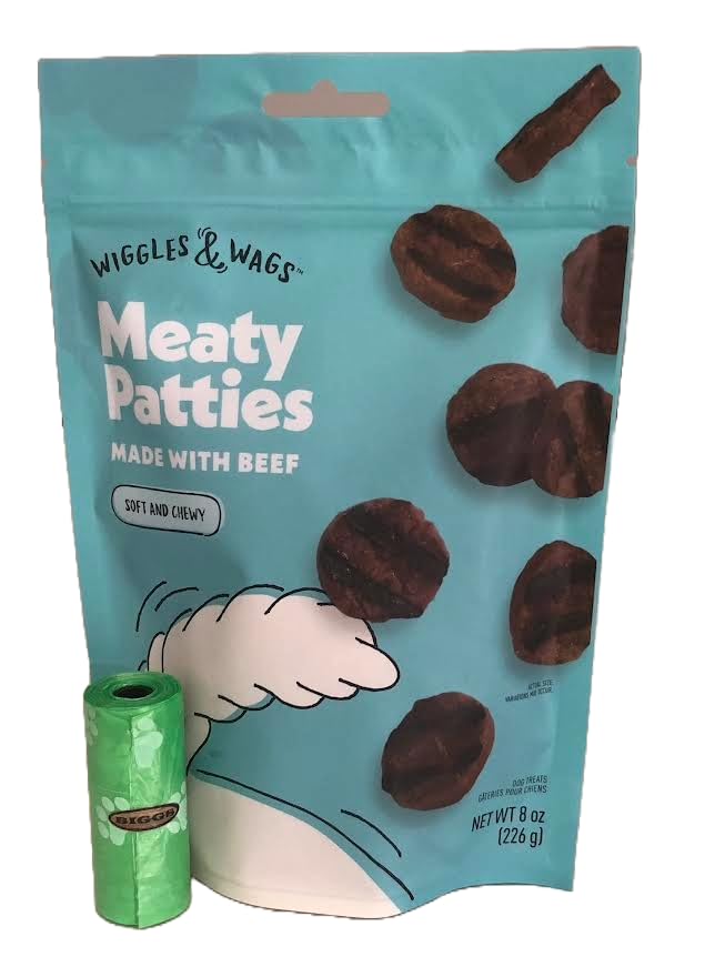 Meaty Patties Made with Beef Soft and Chewy Dog Treats. Plus Biggs Dog Waste Roll. 1-Net WT 8 OZ (226g) Bag.