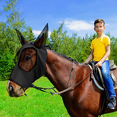 Weewooday 2 Pieces Horse Fly Masks for Horses Horse Mask with Ears Smooth and Elasticity Fly Mask with UV Protection(Blue, Black