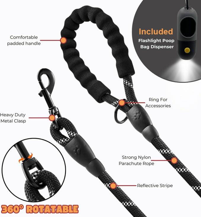 Rocket Pups Premium Durable Rope Dog Leash With Included Flashlight Poop Bag Holder. Soft Padded Handle, Ultra-Reflective Thread