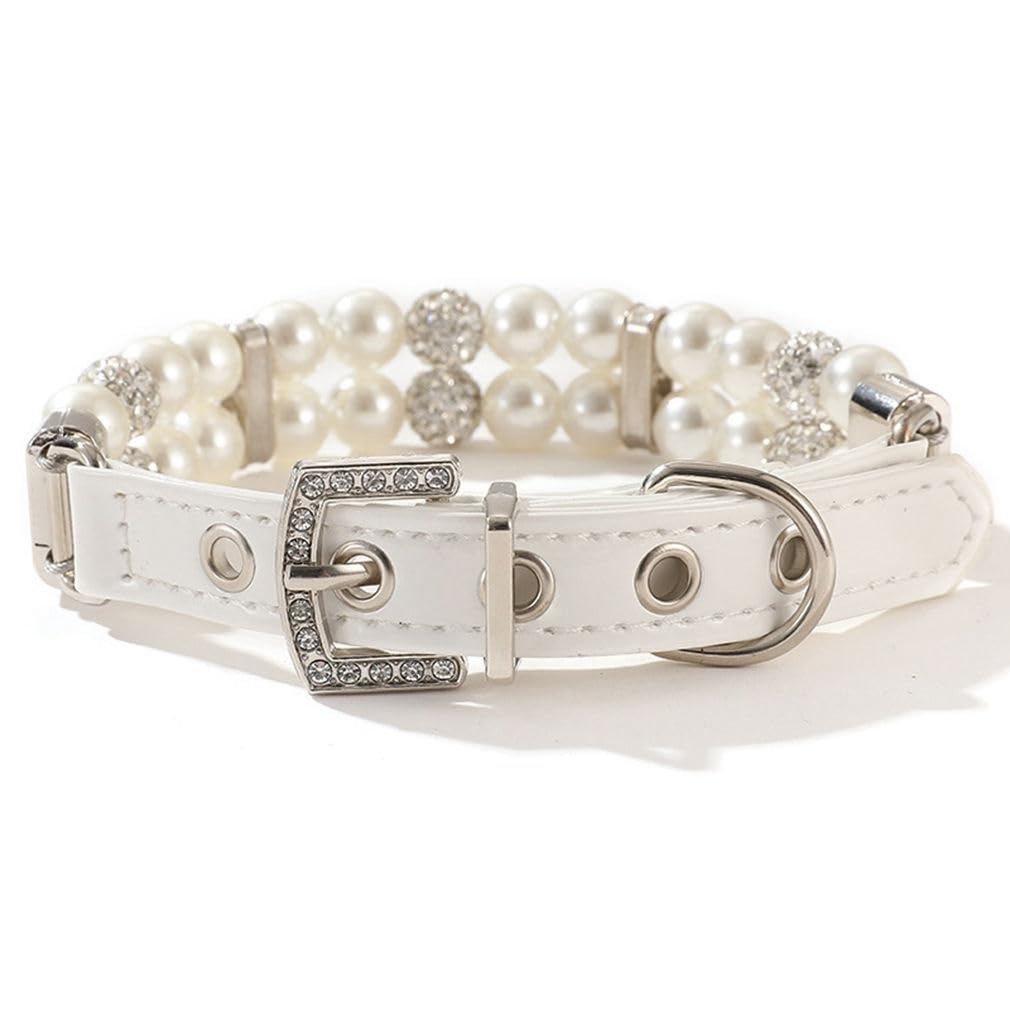 White Pearl Dog Collars For Small Dogs, Girls Pearl Cat Collar Pu Leather Dogs Necklace With Crystal Diamond Rhinestone For Pupp