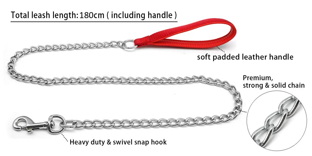 Beirui Premium 6 Foot Chain Heavy Duty Dog Leash - Soft Padded Foam Handle Lead - Perfect Basic Leashes For Large & Medium Size Pets Walking,Traffic Training And Traveling (3.0Mm 6 Foot, Red)
