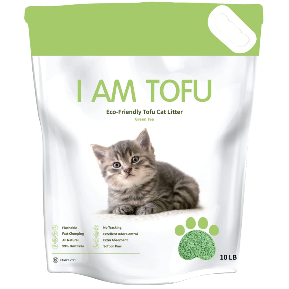 I AM TOFU - Tofu Cat Litter, Natural Flushable, Dust Free, Extra Clumping Pellet Litter (10 LBS, Green Tea)