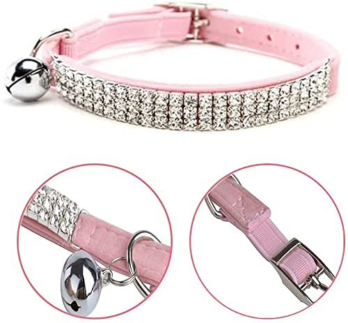 Chukchi Soft Velvet Safe Cat Adjustable Collar Bling Diamante With Bells,11 Inch For Small Dogs And Cats (Pink- 2 Pack)