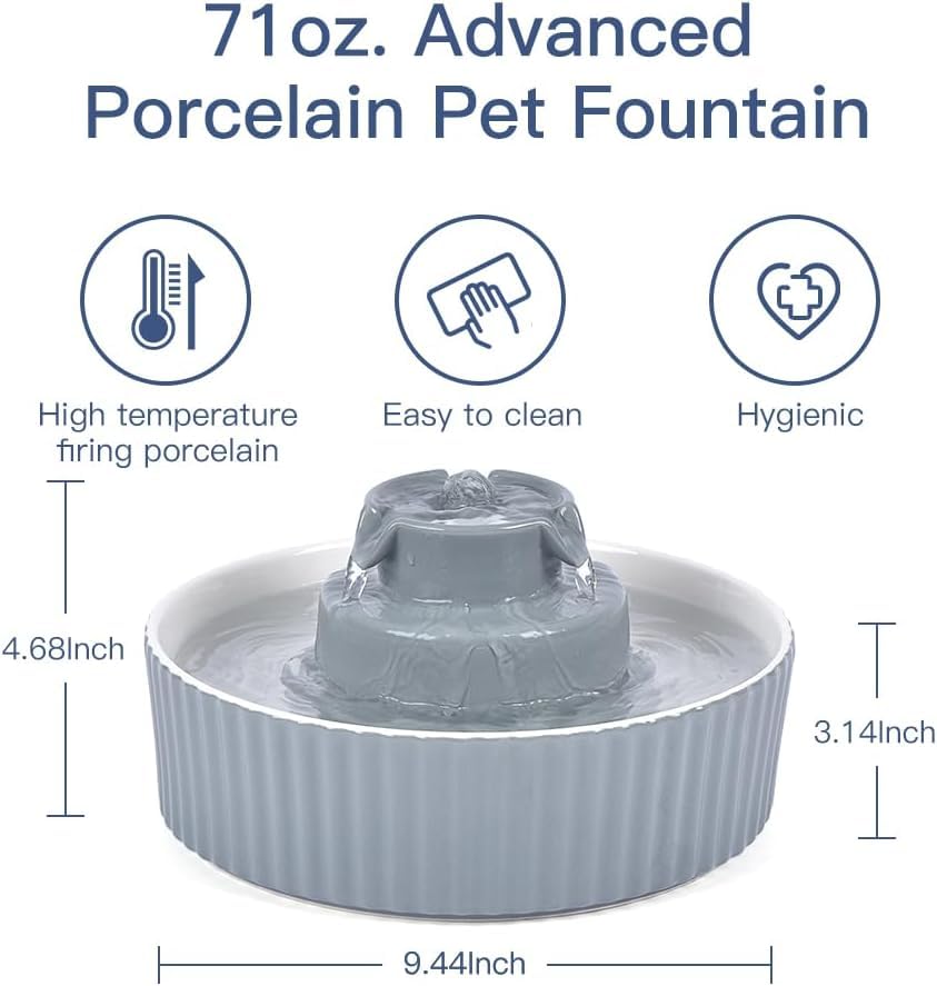 VinDox 2.1L Ceramic Cat Water Fountain - 70 Oz Capacity, Whisper-Quiet, Grey, Model PT-34, Ideal for Shy Pets