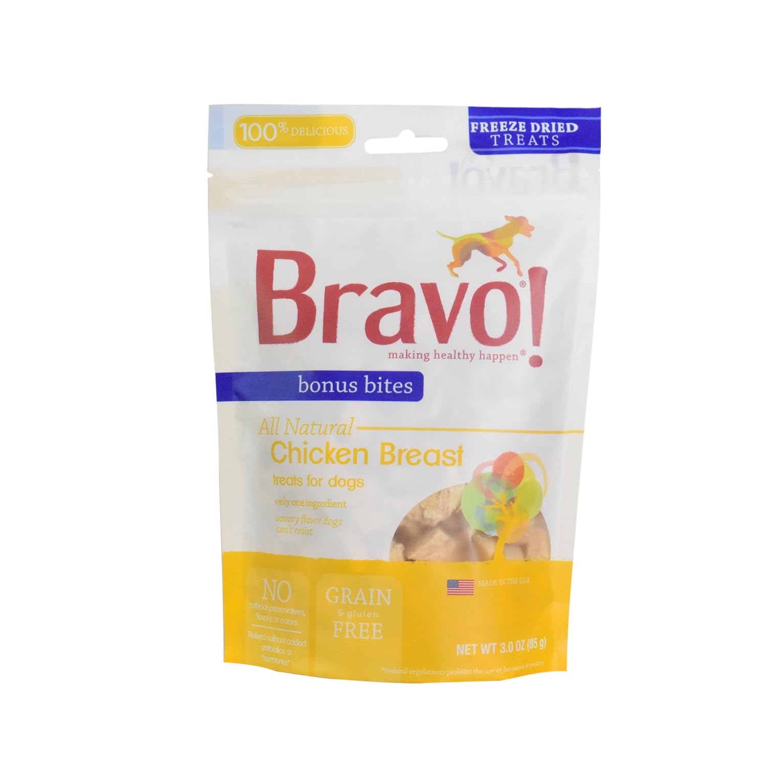 Bravo! Bonus Bites Single Ingredient Freeze Dried Raw Dog Treats, Chicken Breast, 3 Ounce, High Protein, Grain Free, Gluten Free