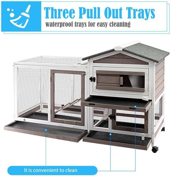 Ketive Rabbit Hutch Indoor Outdoor Two Story Bunny Hutch With Wheels Guinea Pig Cage With Removable No Leaking Tray Wooden Pet H