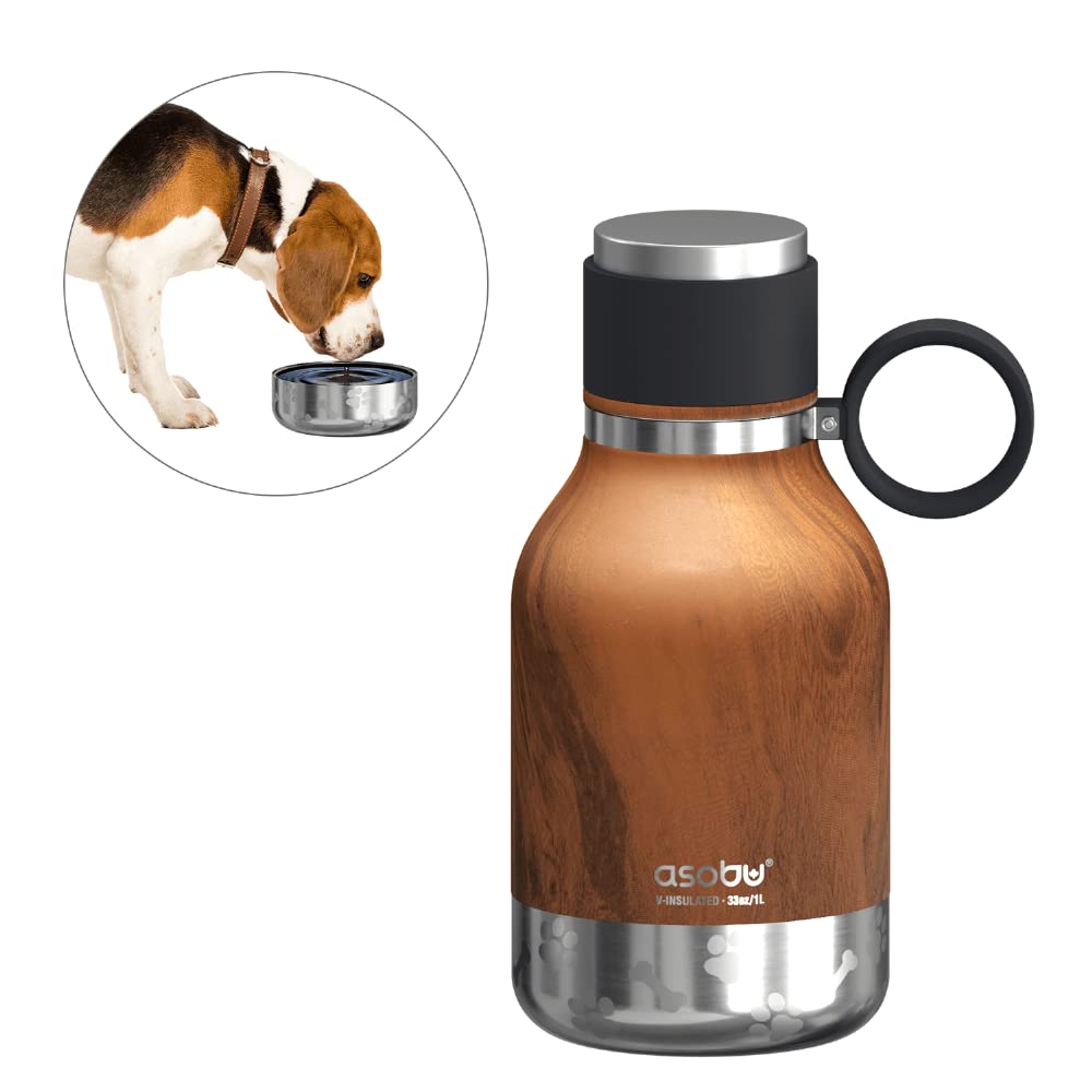 Asobu Dog Bowl Attached To Stainless Steel Insulated Travel Bottle For Human 33 Ounce (Hard Wood)