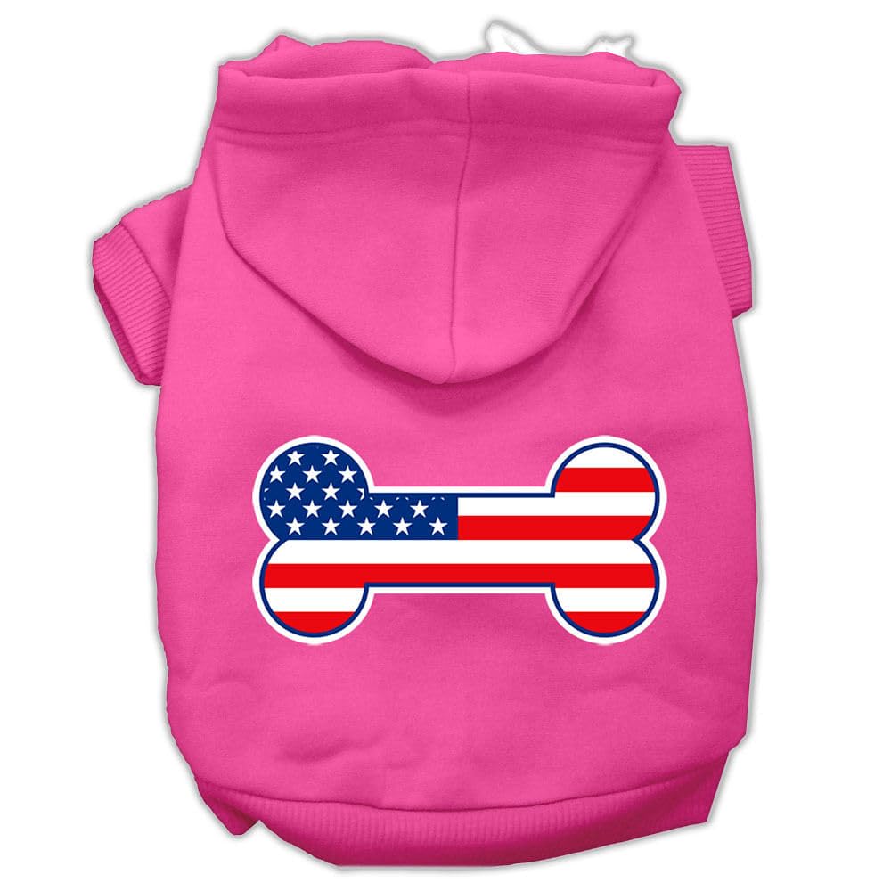 Pet Dog & Cat Hoodie Screen Printed, 'Bone Shaped American Flag' Bright Pink Xs (0-3 Lbs.)