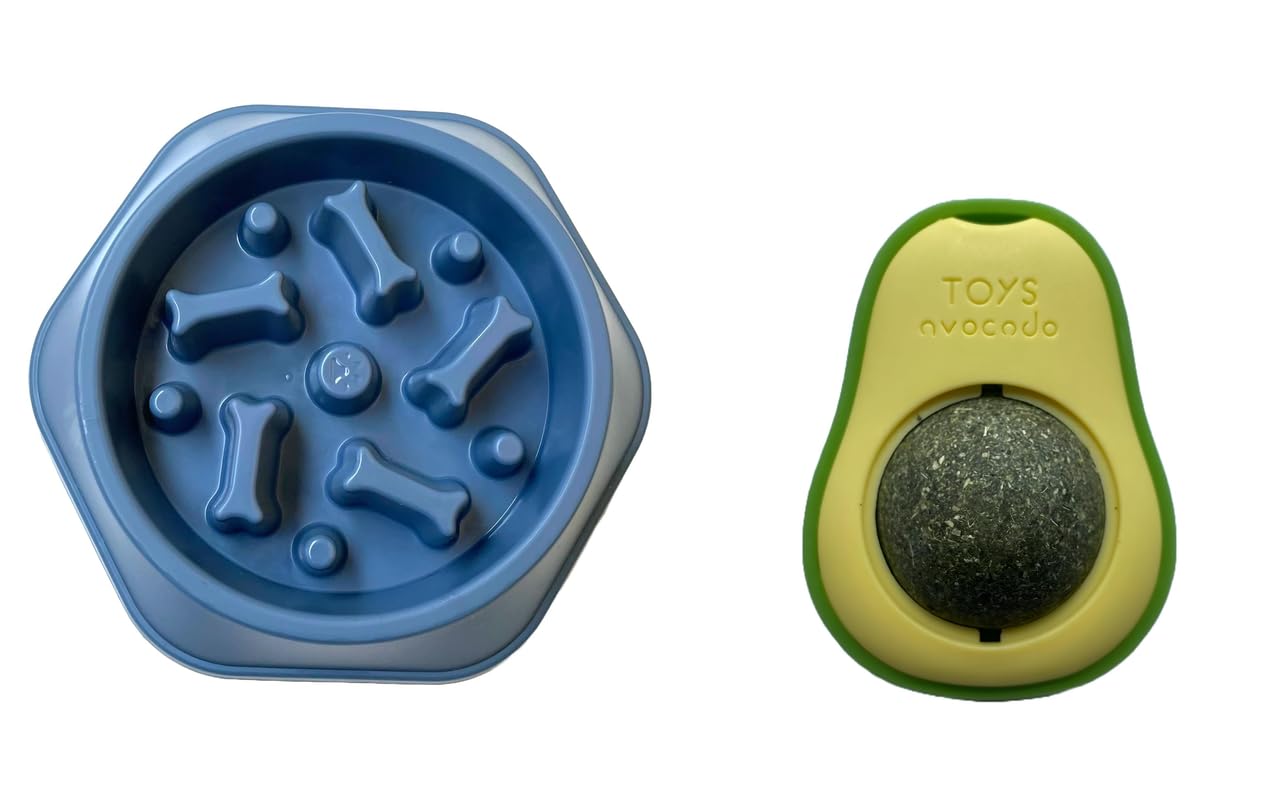 Urban Pet Gallery Pet Bowl, Feeding Bowl, Dog Bowl, Slow Eating Bowl For Dogs And Cats, Non Slip (Blue) And Catnip Toy Rotatable