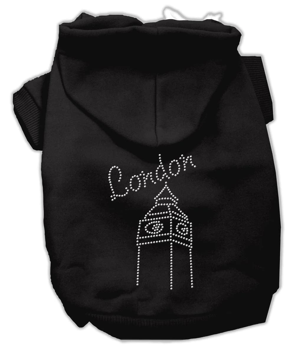 Pet, Dog & Cat Hoodie Rhinestone, 'London' Black Xs (0-3 Lbs.)