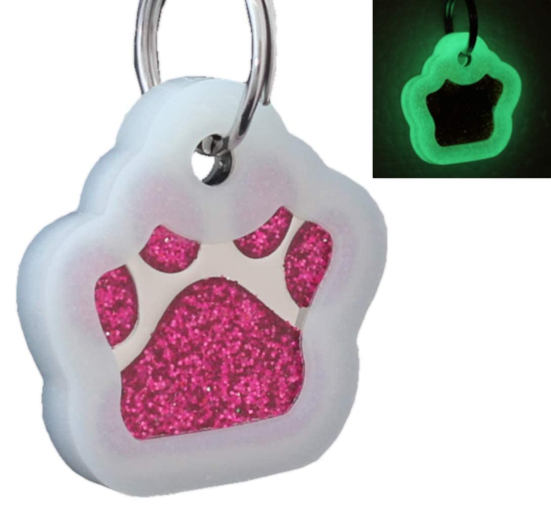 Io Tags Pet Id Tags, Personalized Dog Tags And Cat Tags, Custom Engraved, Easy To Read, Cute Glitter Paw Pet Tag (Pink + Silencer)