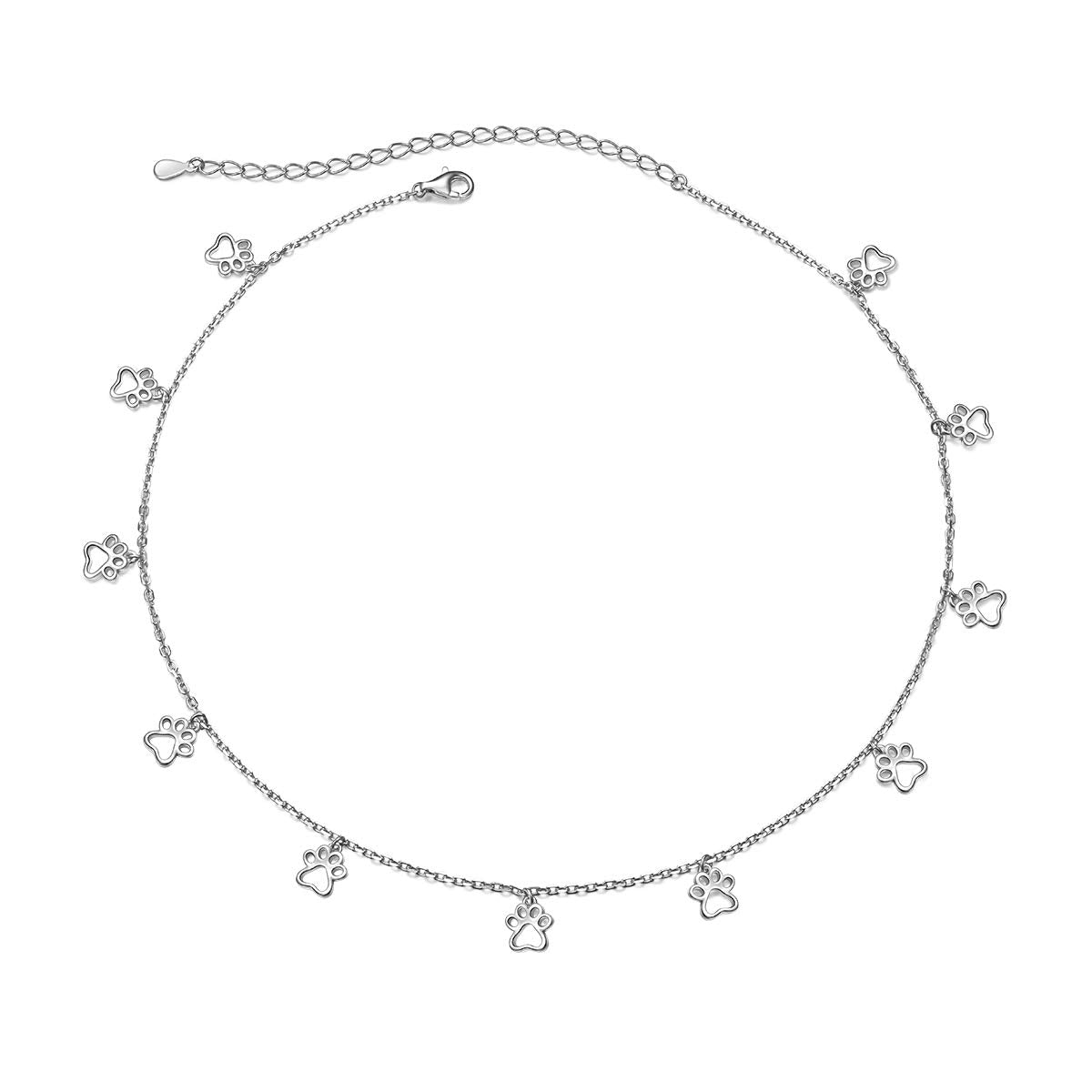 S925 Sterling Silver Puppy Dog Cat Pet Paw Print Choker Disc Chain Statement Pendant Necklace Jewelry For Women 13+3 Inches