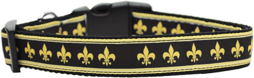 Pet Dog and Cat Nylon Collar or Leash, &quot;Black & Gold Fleur De Lis&quot; SM Collar