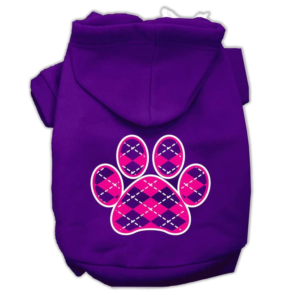 Pet Dog & Cat Hoodie Screen Printed, 'Pink Argyle Paw' Purple 2Xl (20-25 Lbs.)