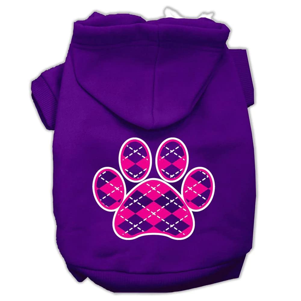 Pet Dog & Cat Hoodie Screen Printed, 'Pink Argyle Paw' Purple 3Xl (25-35 Lbs.)