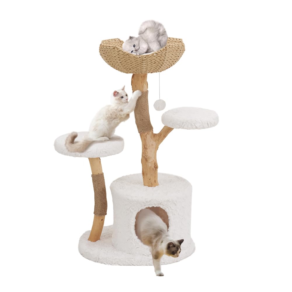 Unipaws Modern Cat Tree Tower For Small And Large Cats, Real Solid Wood Branch Luxury Cat Condo With Scratching Post And Cat Bed