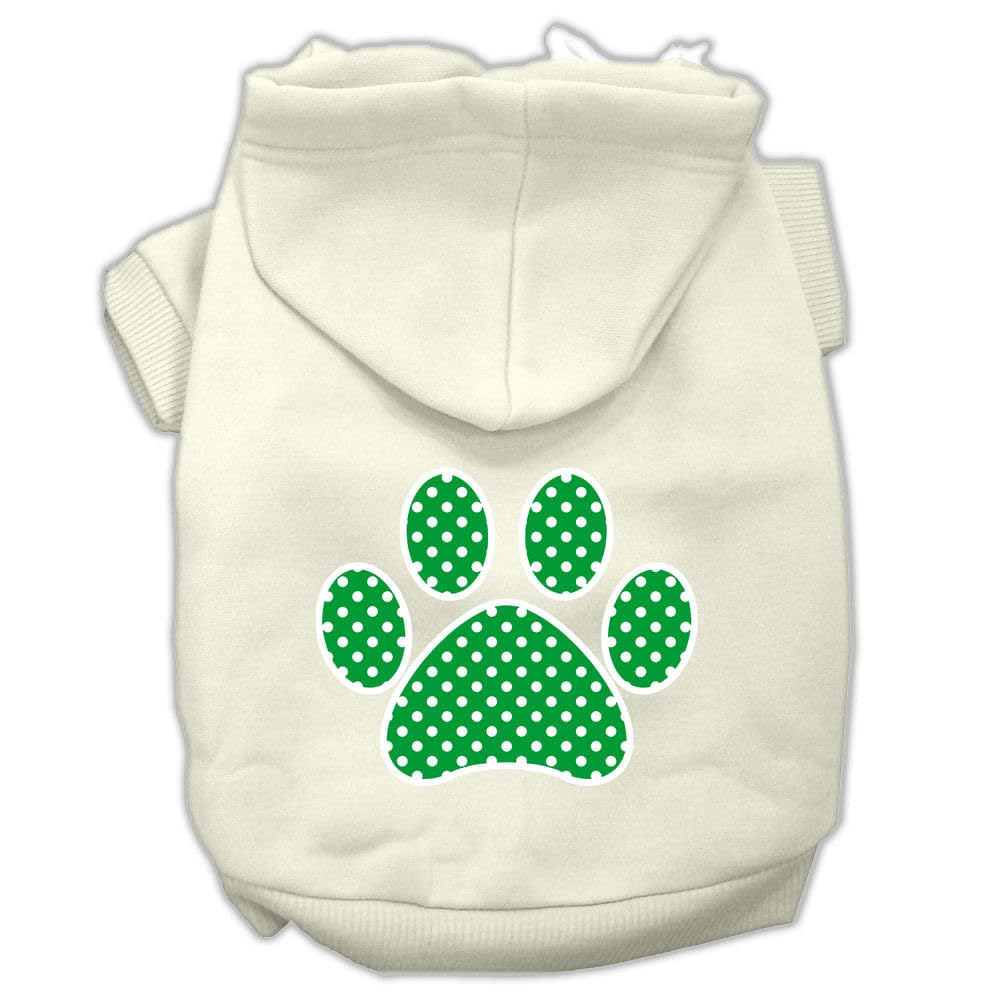 Pet Dog & Cat Hoodie Screen Printed, 'Green Swiss Dots Paw' Cream Xl (14-20 Lbs.)