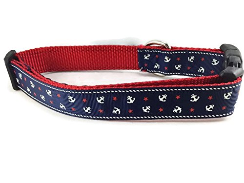 Blue Anchor Dog Collar, Caninedesign, Navy, Sailing, 1 Inch Wide, Adjustable, Nylon, Medium And Large (Medium 13-19')