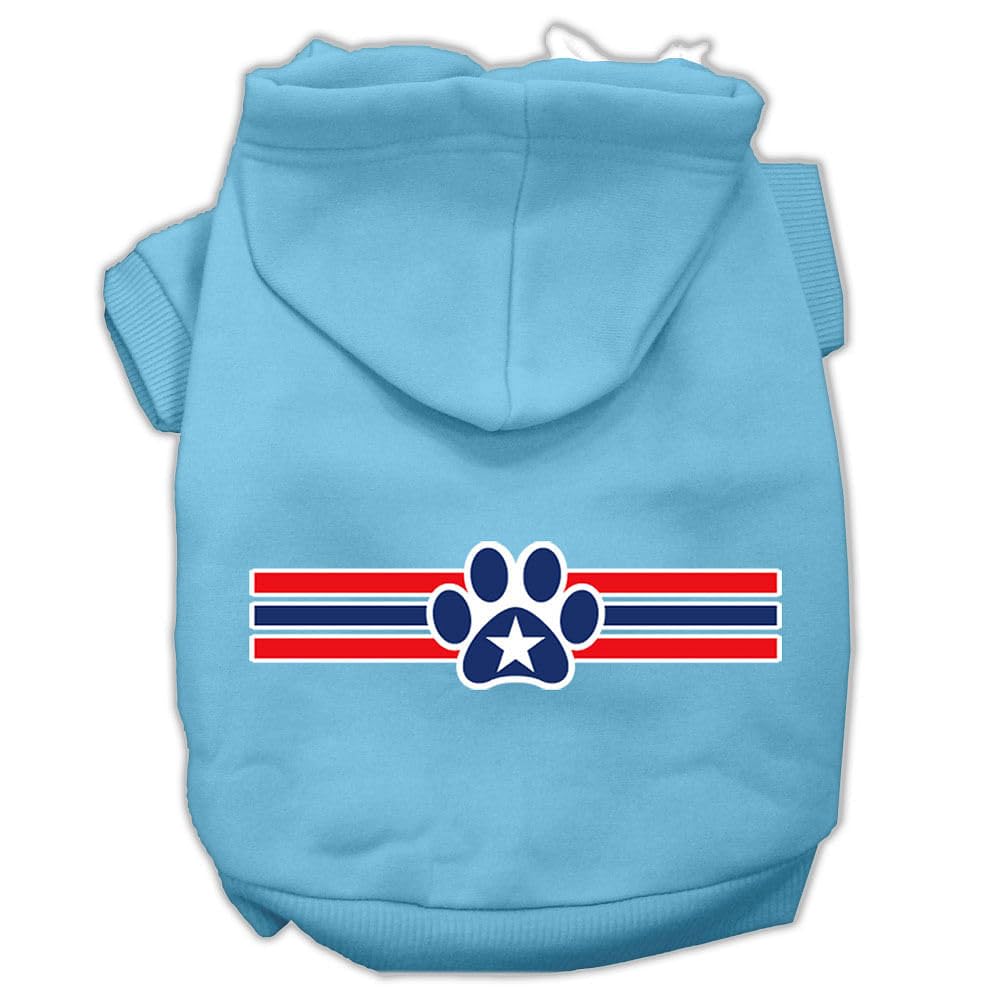 Pet Dog & Cat Hoodie Screen Printed, 'Patriotic Star Paw' Baby Blue Lg (10-14 Lbs.)