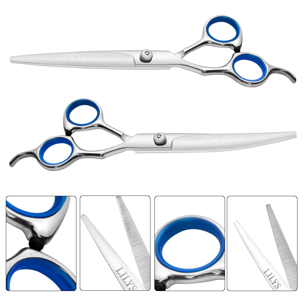Lilys Pet Professional Pet Dog Grooming Scissors Suit,Red Ring, Cutting&Curved&Thinning Shears (Blue Ring 7.0')