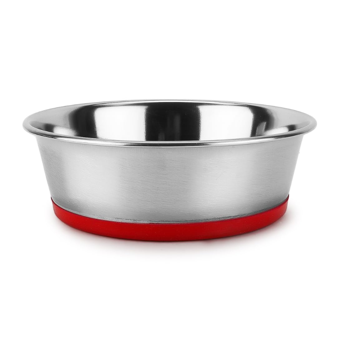 Basil Heavy Dish Pet Bowl, Stainless Steel & Skid Proof Silicon Bottom Durable Feeding Bowl (Large, 1800Ml)