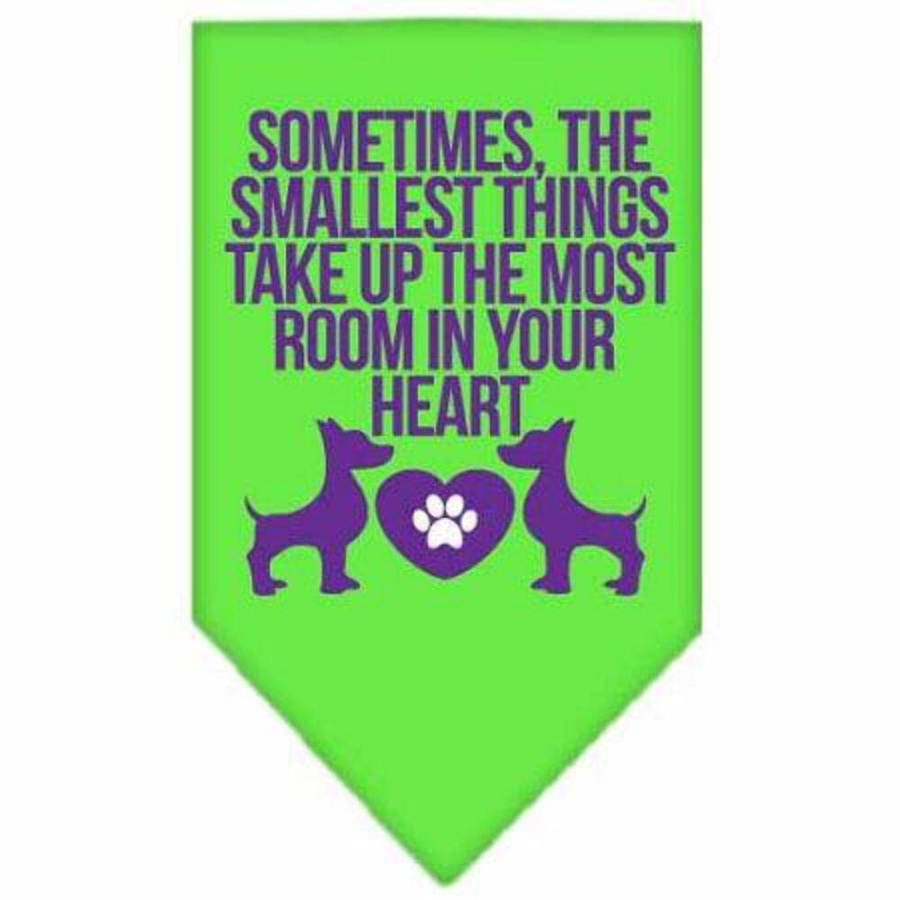 Pet and Dog Bandana Screen Printed, &quot;Sometimes, The Smallest Things Take Up The Most Room In Your Heart&quot; Lime Green Large