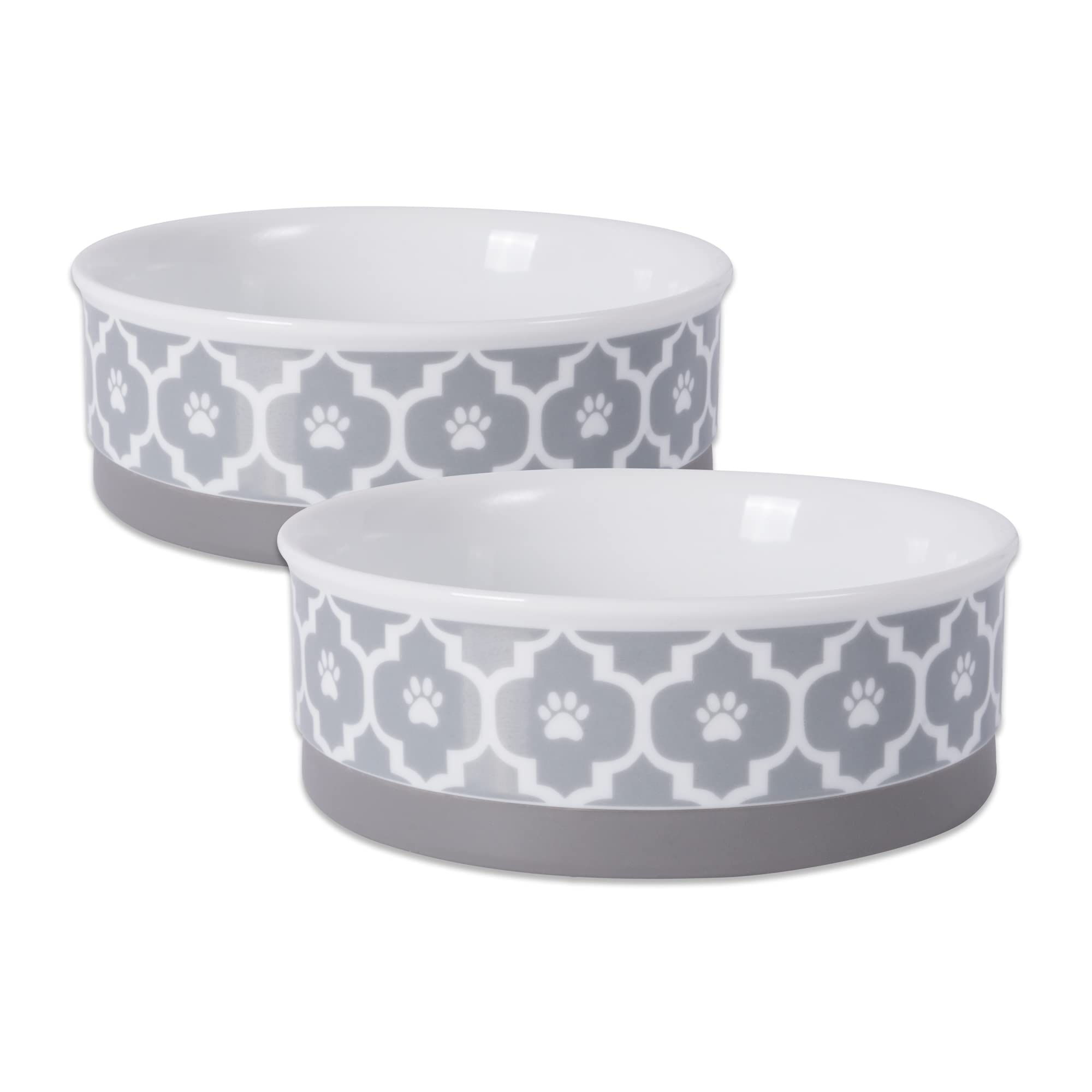Bone Dry Paw Print Ceramic Pet Bowl, Lattice Collection, Medium Set, 6x2, Gray, 2 Count