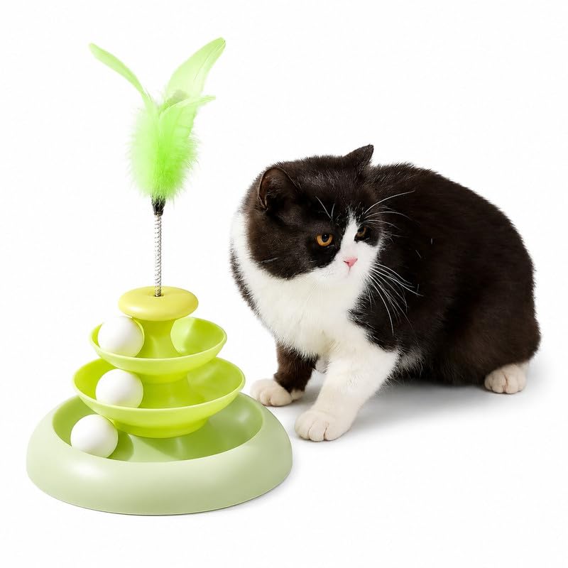 Pet Fun Cat Three Layer Power With Feather & Ball Turntable Toy Educational Pet Play Track Tower Kittens Teaser Toy For Indoor I