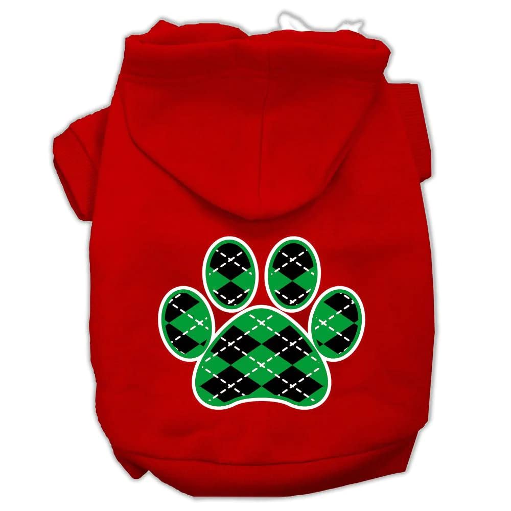 Pet Dog & Cat Hoodie Screen Printed, Green Argyle Paw Red SM (3-6 lbs.)