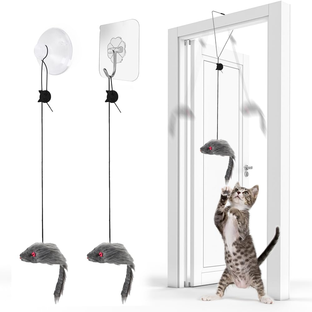 Fynigo Self-Play 3 Ways Hanging Door Cat Mouse Toys For Indoor Cats Kitten,Interactive Cat Mice Toys For Hunting Exercising Eliminating Boredom, For Small Breeds
