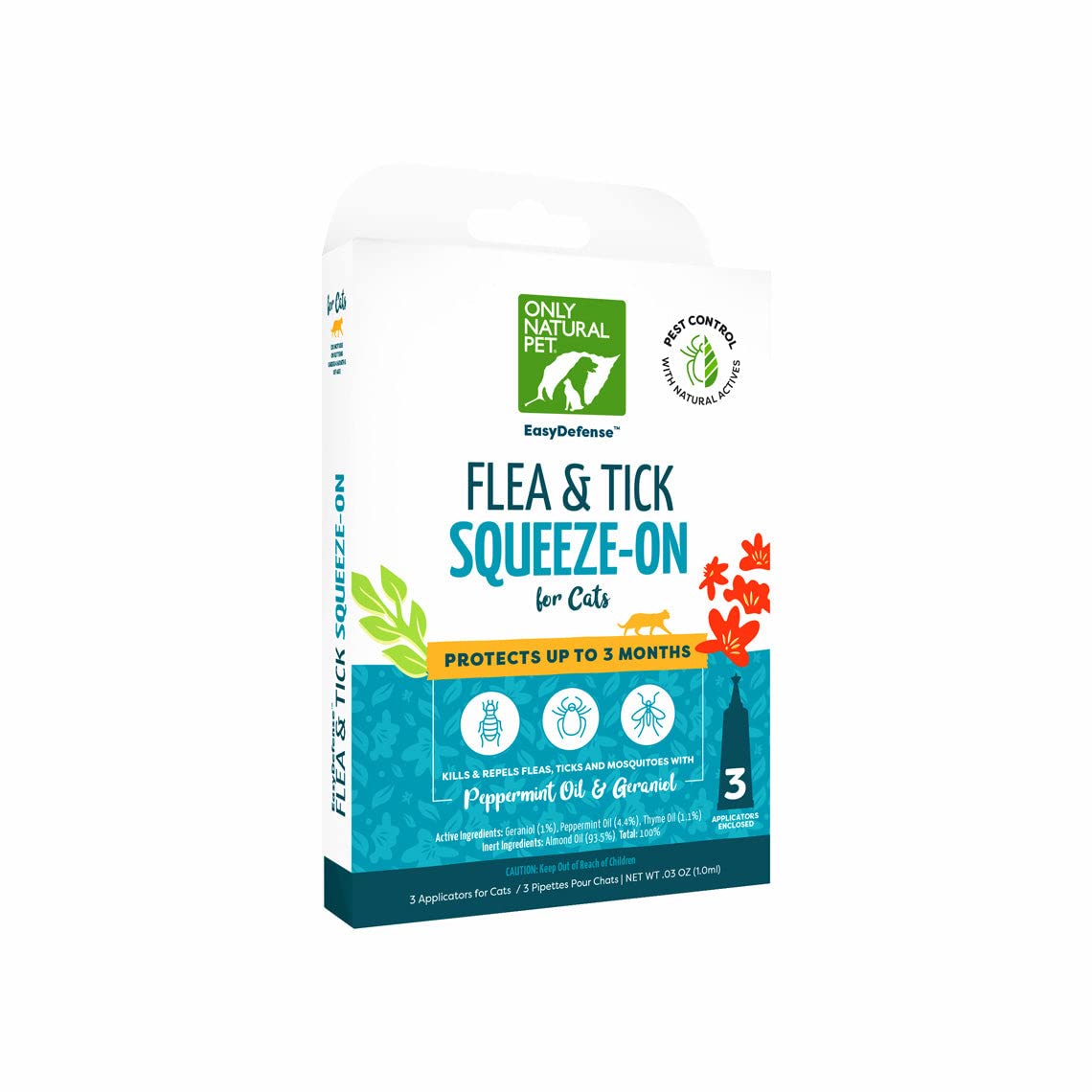 Only Natural Pet Flea And Tick Prevention For Cats - Easydefense Flea Remedy - Natural Flea Treatment Control Squeeze-On Drops -