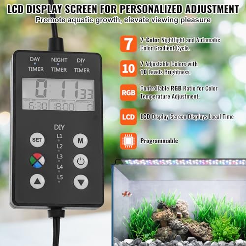 VEVOR Aquarium Light with LCD Monitor, 36W Full Spectrum Fish Tank Light with 24/7 Natural Mode, Adjustable Brightness & Timer -