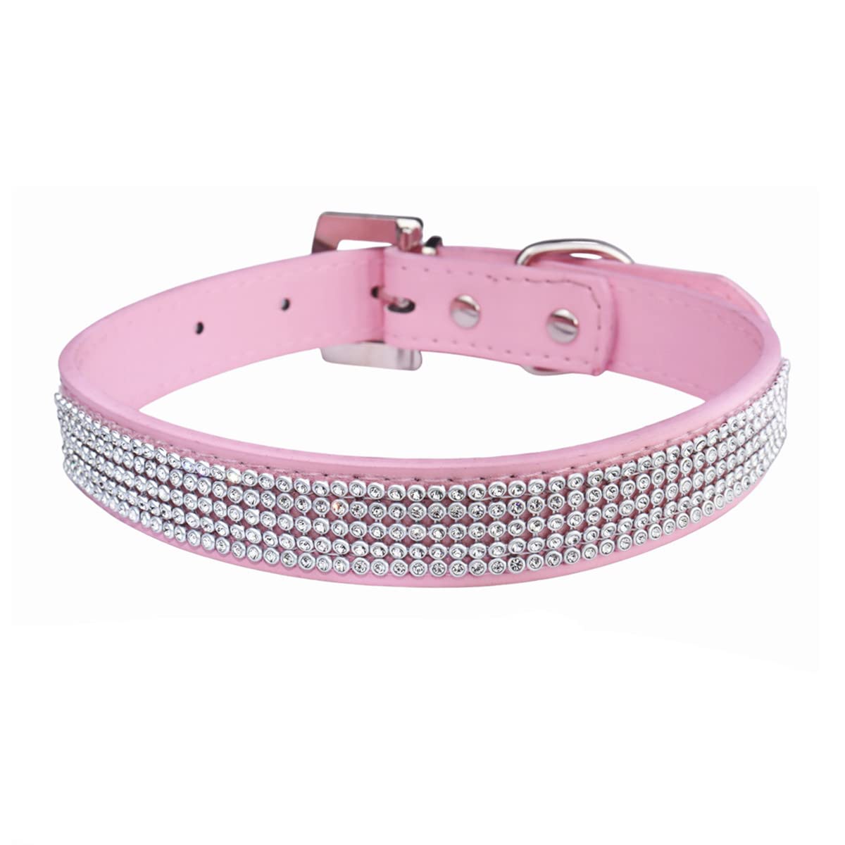 Thain Basic Adjustable Dog Cat Collar Bling Rhinestones Shing Diamonds Pu Leather With Rhinestones Buckle (L(Length 15''-18''),