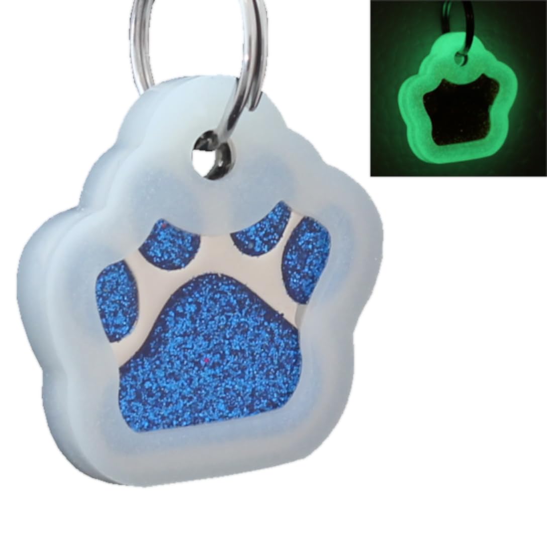 Io Tags Pet Id Tags, Personalized Dog Tags And Cat Tags, Custom Engraved, Easy To Read, Cute Glitter Paw Pet Tag (Blue + Silence