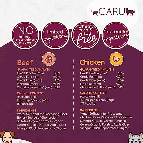 Caru - Grass-Fed Beef Bone Broth for Dogs and Cats, Moistens Dry Food or Pour Over Freeze Dried Raw Food, Grain and Gluten Free,
