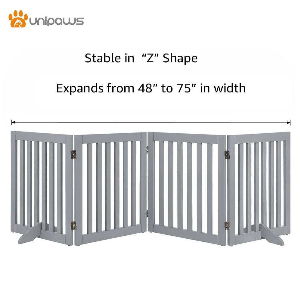 Unipaws 24' H Free Standing Pet Gate For Dog Cat, Wooden Dog Gates For Doorway, Stairs, Step Over Foldable Pet Fence For The House, Expandable Dog Barrier, Indoor Use, Grey
