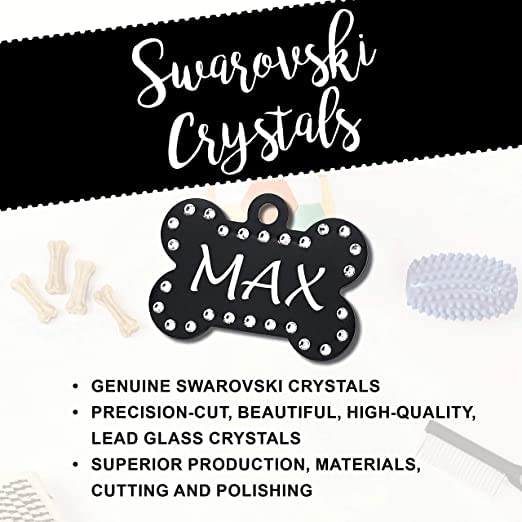 Custom Engraved Pet Id Tags With Swarovski Crystal - 1.5'' Long X 1'' Tall, Anodized Aluminum, Bone Shape, Red