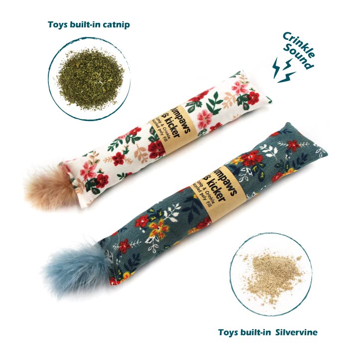 Jumpaws 2 Pack Natural Interactive Catnip & Silvervine Cat Kicker With Feathers, Bite Resistant Chew Toy, Crinkle Kicker, Access