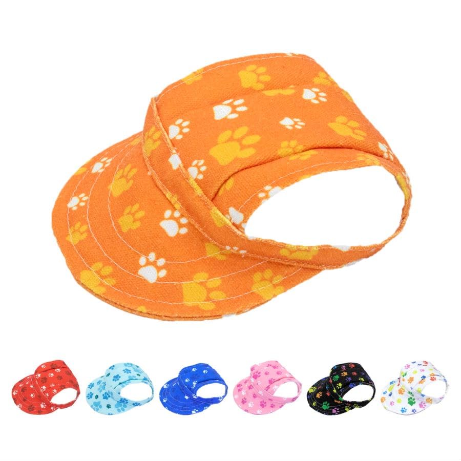 Pet Show Dog Paw Print Peaked Cap - Dog, Cat & Rabbit Sun Hat With Ear Holes - Adjustable Drawstring - Orange/Xxs