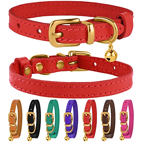 Bronzedog Leather Cat Collar With Bell Non Breakaway Kitten Qr Tag For Girl Boy (9' - 11' Cats/Mini Dogs, Red & Gold)