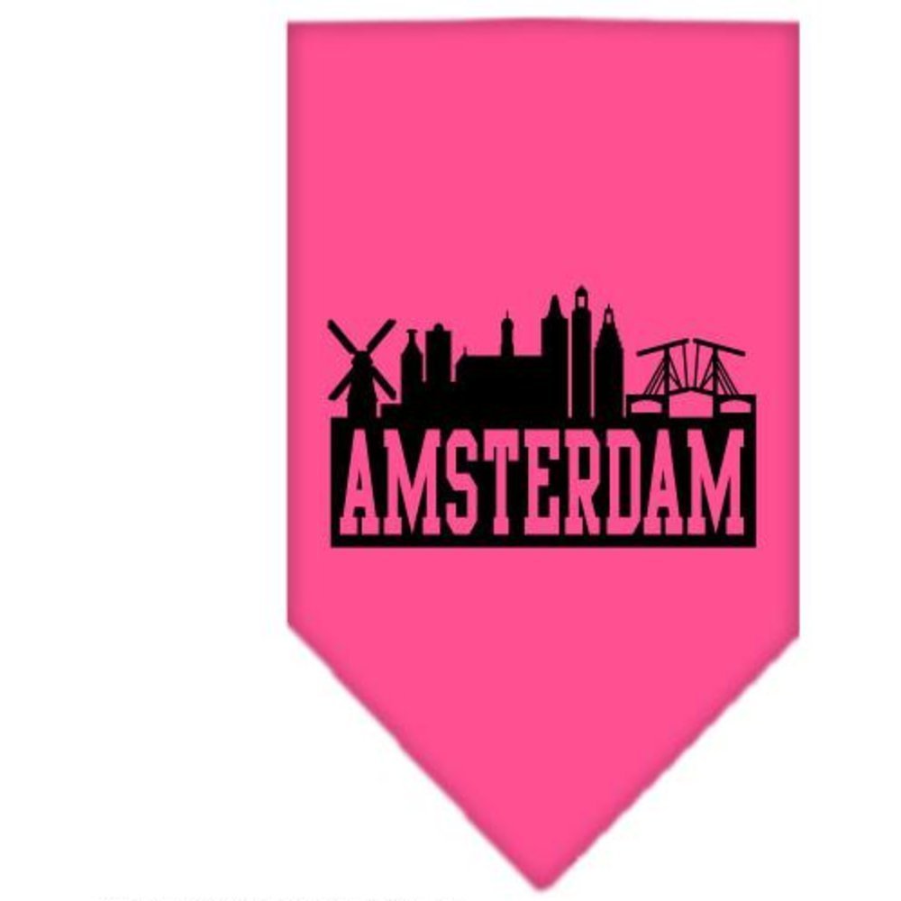 Pet and Dog Bandana Screen Printed, &quot;Amsterdam Skyline&quot; Bright Pink Large