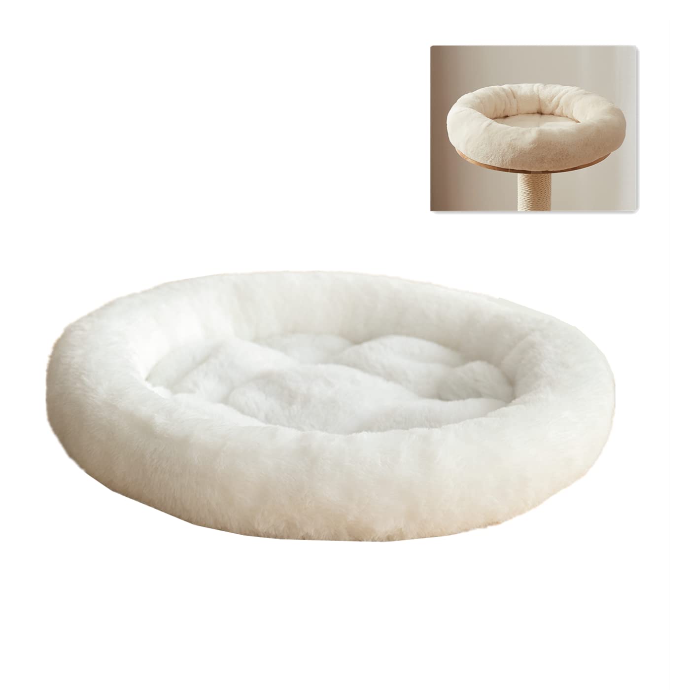 Shengocase 14'' Fluffy Faux Fur Cat Tree Tower Replacement Bed Cushion Pillow With Hook Tapes, Round Donut Cuddler Cat Dog Bed F