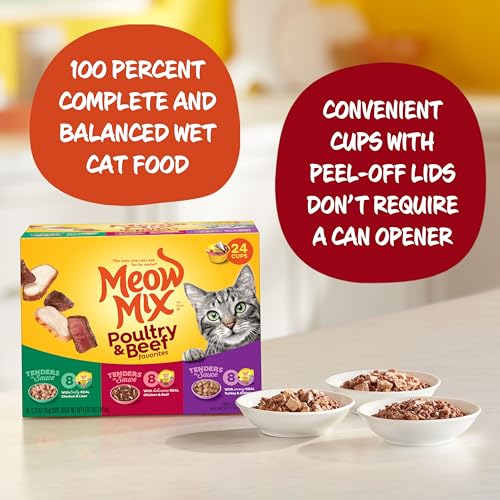Meow Mix Wet Cat Food Tenders in Sauce, Poultry & Beef Variety Pack, 2.75 Ounce Cup, 24 Count