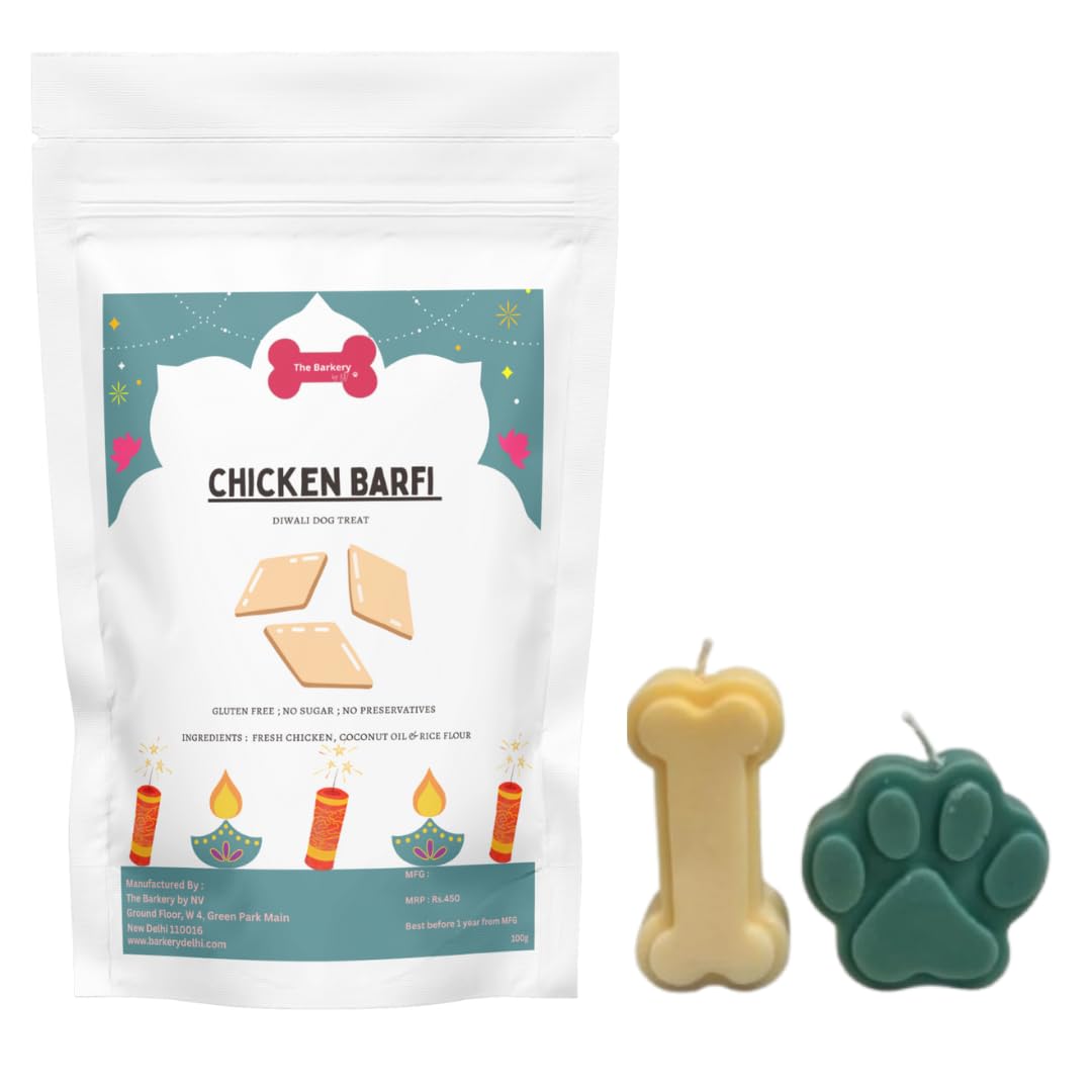Diwali Gift Box For Dogs  Chicken Barfi Treats (100G) + 2 Multicolour Scented Diyas (Paw & Bone Shaped) | Festive Diwali Gift H