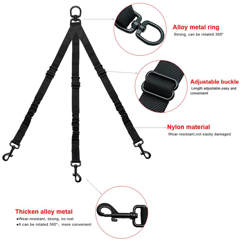Kuntrona Nylon Dog Leash Coupler 3 Way No-Pull Pet Dog Lead Leashes No Tangle Bungee Three Dogs Leads Black L