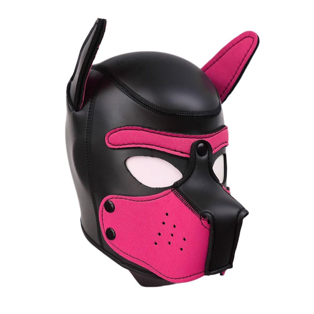 Quyuwowo Neoprene Dog Full Face Puppy Mask Removable Pup Hood Halloween Mask (Rose Red, Mask)