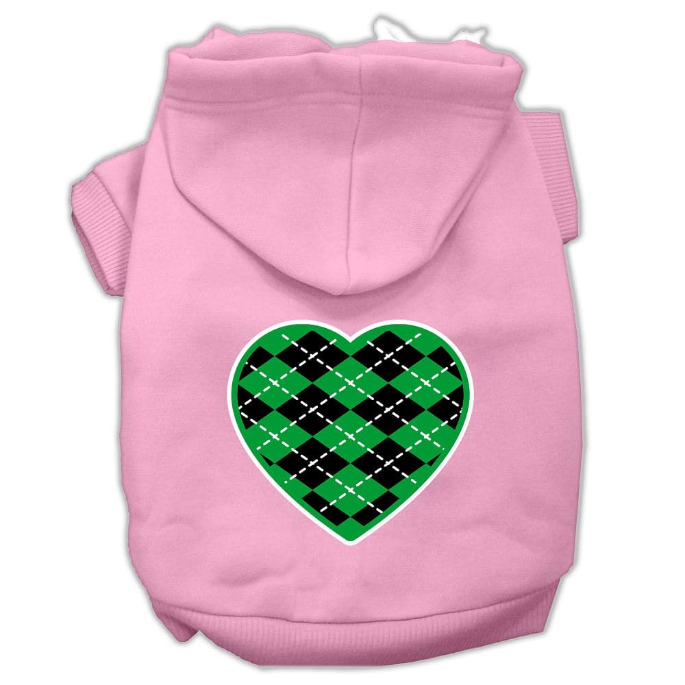 Pet Dog & Cat Hoodie Screen Printed, 'Green Argyle Heart' Light Pink 3Xl (25-35 Lbs.)