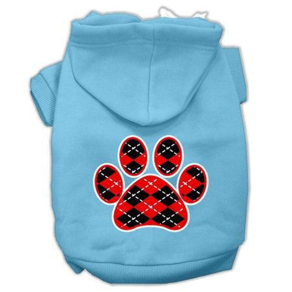 Pet Dog & Cat Hoodie Screen Printed, Red Argyle Paw Baby Blue XS (0-3 lbs.)